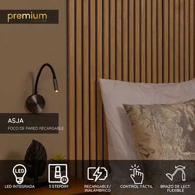 Lucide ASJA - Foco de pared / Lámpara de pared Recargable - Batería/acumulador - LED 3 StepDim - 1x3W 2700K - Hierro gris | Premium